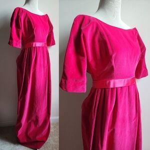 1960s Vintage Hot Pink Velvet Bow Back Maxi Dress Empire Satin Waist  Small